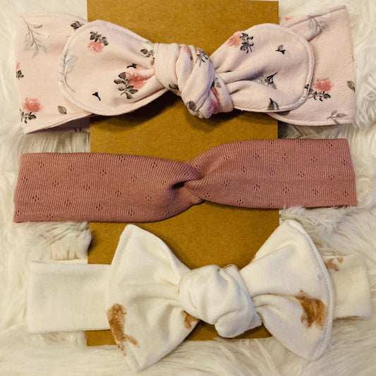 Set van drie haarbandjes baby peuter meisje. Twist, strik (recht of rond). Handgemaakte duurzame babykleding webshop Cuteez. 
