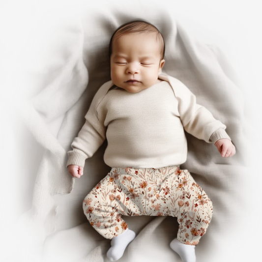 Liggende baby gekleed in het duurzame handgemaakte babybroekje Bordeaux Blossom, gemaakt van zachte tricotstof met rekbare boorden, van webshop Cuteez