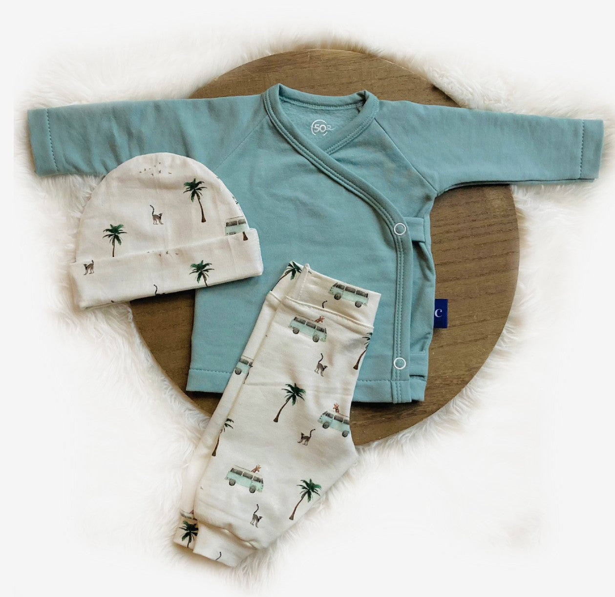 Babysetje Dieren vakantie Zeegroen in de maten 44-92. Duurzame handgemaakte babykleding van webshop Cuteez