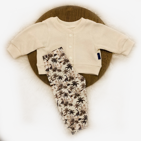 Flatlay van babybroekje Dino met vestje Noa