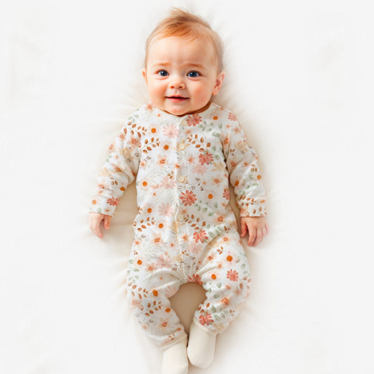 Baby boxpak romper Peach. Leuke gebloemde meisjes romper in frisse tinten. Duurzame handgemaakte babykleding.