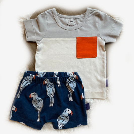 Jongens set grijs blauw met oranje detail en vogelprint. Leuke zomerkleding voor baby jongens van kinderkleding webshop Cuteez. 