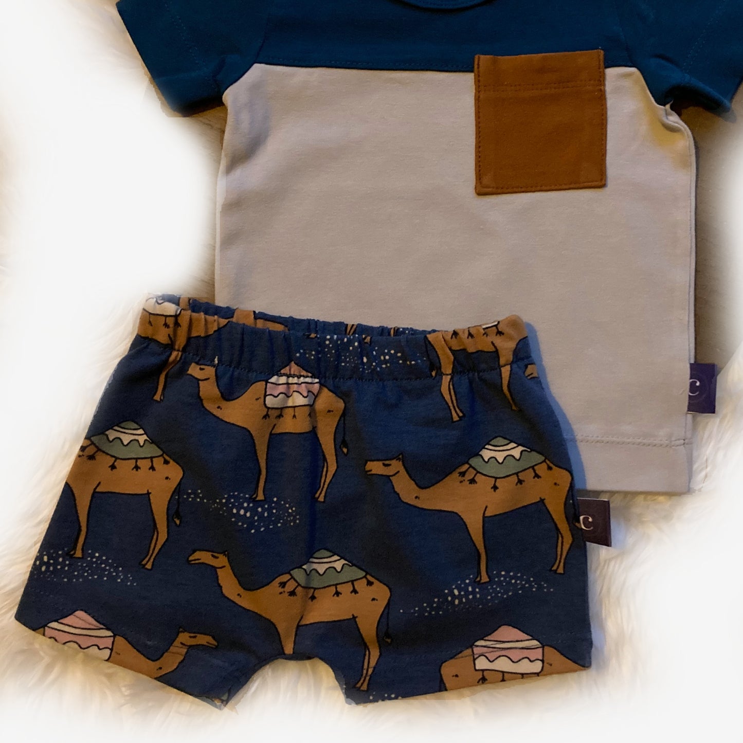 Detail van Jongens zomerset blauw grijs met dromedaris print. Maat 74. Duurzame handgemaakte babykleding van kinderkleding webshop Cuteez