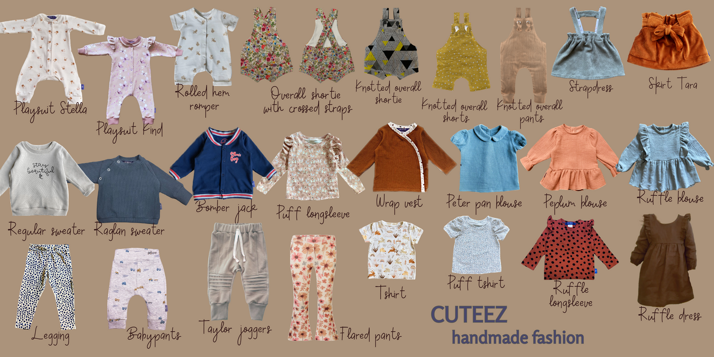 Modellen beschikbaar voor keuze van duurzame handgemaakte baby- en kinderkleding van webshop Cuteez