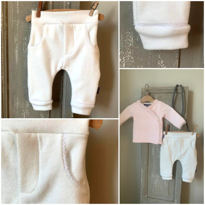 Collage van Truitje Warm en Baby broekje White. Maat 50-92. Handgemaakte babykleding. Online - Handgemaakte kinderkleding; duurzame babykleding