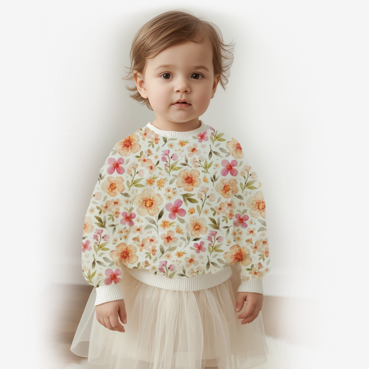 Kleurrijk beeld van een meisje dat de oversized gebloemde babytrui Amelia draagt, comfortabele duurzame kinderkleding van Cuteez