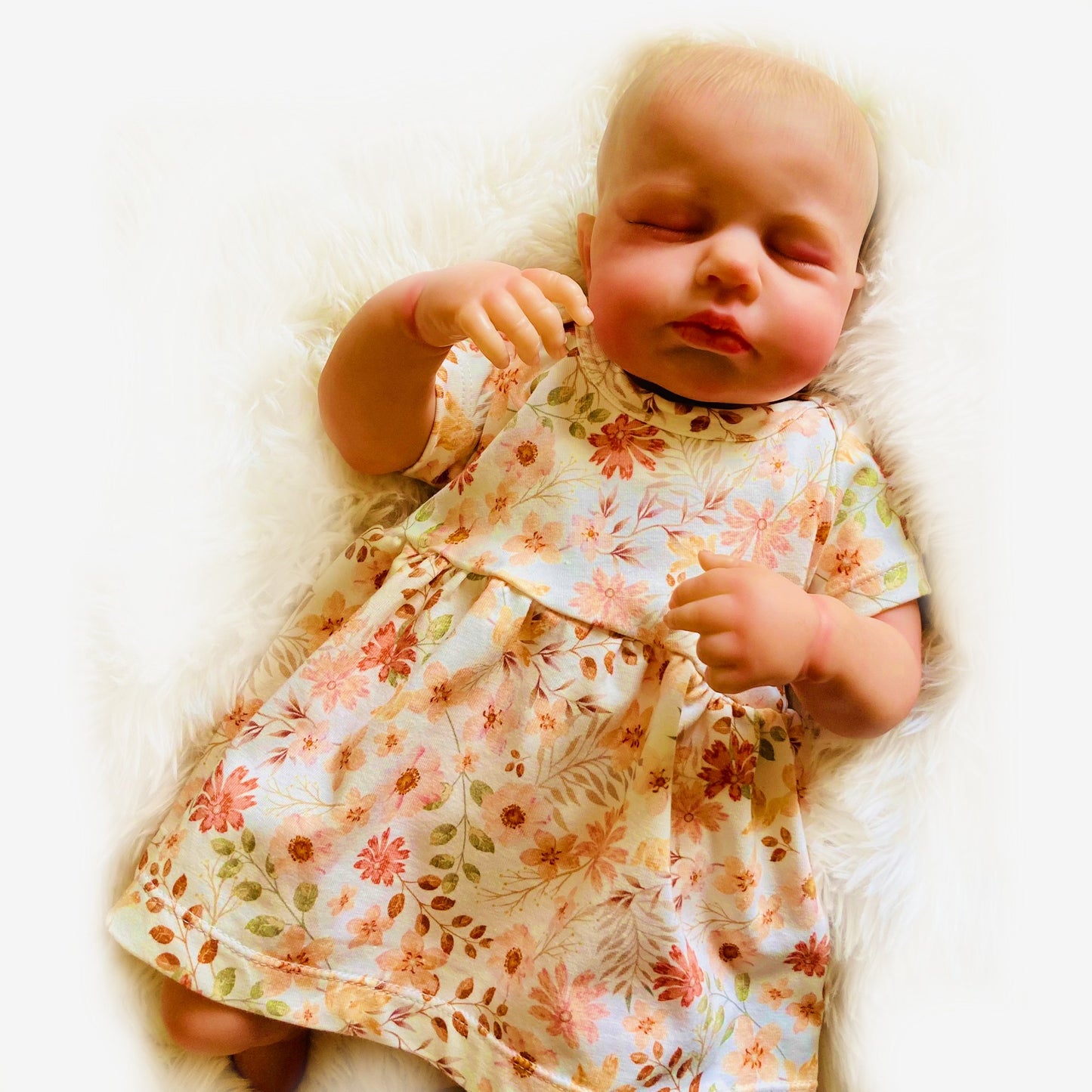 Zweiteiliges Set Babykleid Pfirsichblume. Lange oder kurze Ärmel. Babygrößen 50-74.